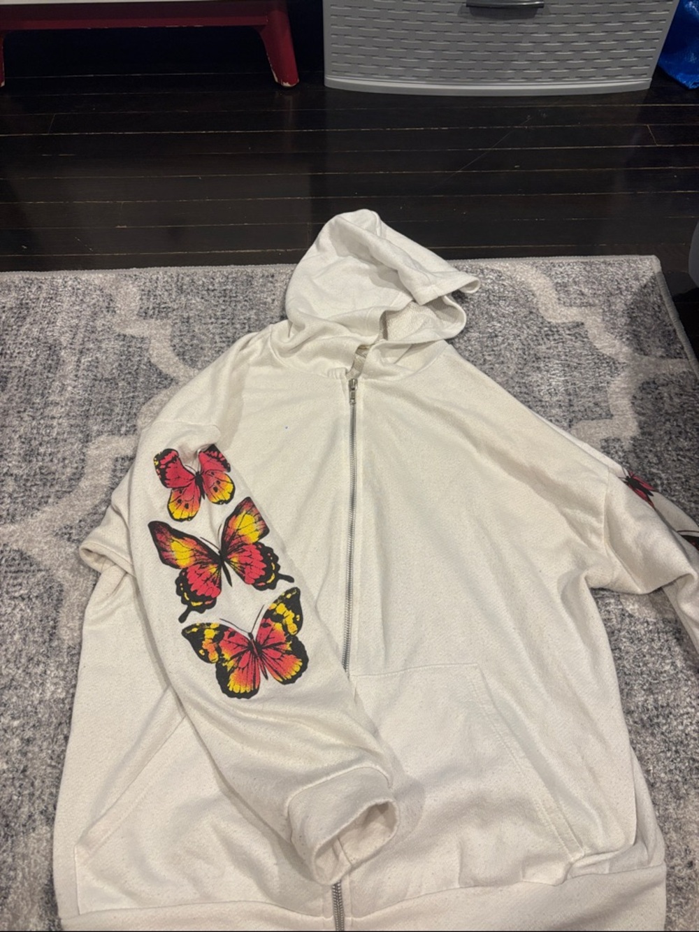 White Hoodie with Pink & Yellow Butterfly Sleeve Print